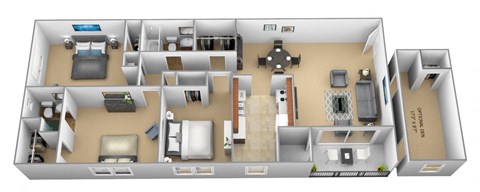Floor plan for 3 beds, 2 baths, 958 sqft